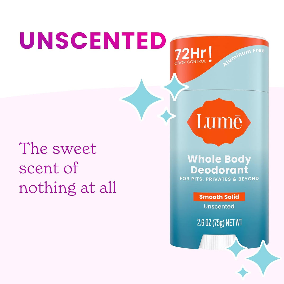 Lume Whole Body Deodorant - Smooth Solid Stick - 72 Hour Odor Control - Aluminum Free. Baking Soda Free and Skin Safe - 2.6 Ounce (Pack of 2) (Unscented)