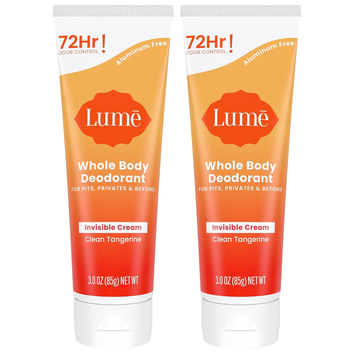 Lume Whole Body Deodorant - Invisible Cream Tube - 72 Hour Odor Control - Aluminum Free. Baking Soda Free. Skin Safe - 3.0 ounce (Pack of 2) (Clean Tangerine)