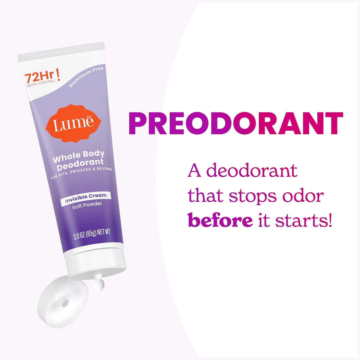 Lume Whole Body Deodorant - Invisible Cream Tube - 72 Hour Odor Control - Aluminum Free. Baking Soda Free. Skin Safe - 3.0 ounce (Pack of 2) (Soft Powder)